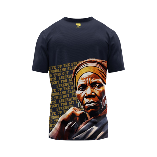 Black t-shirt with a graphic of a woman's face and text on a white background