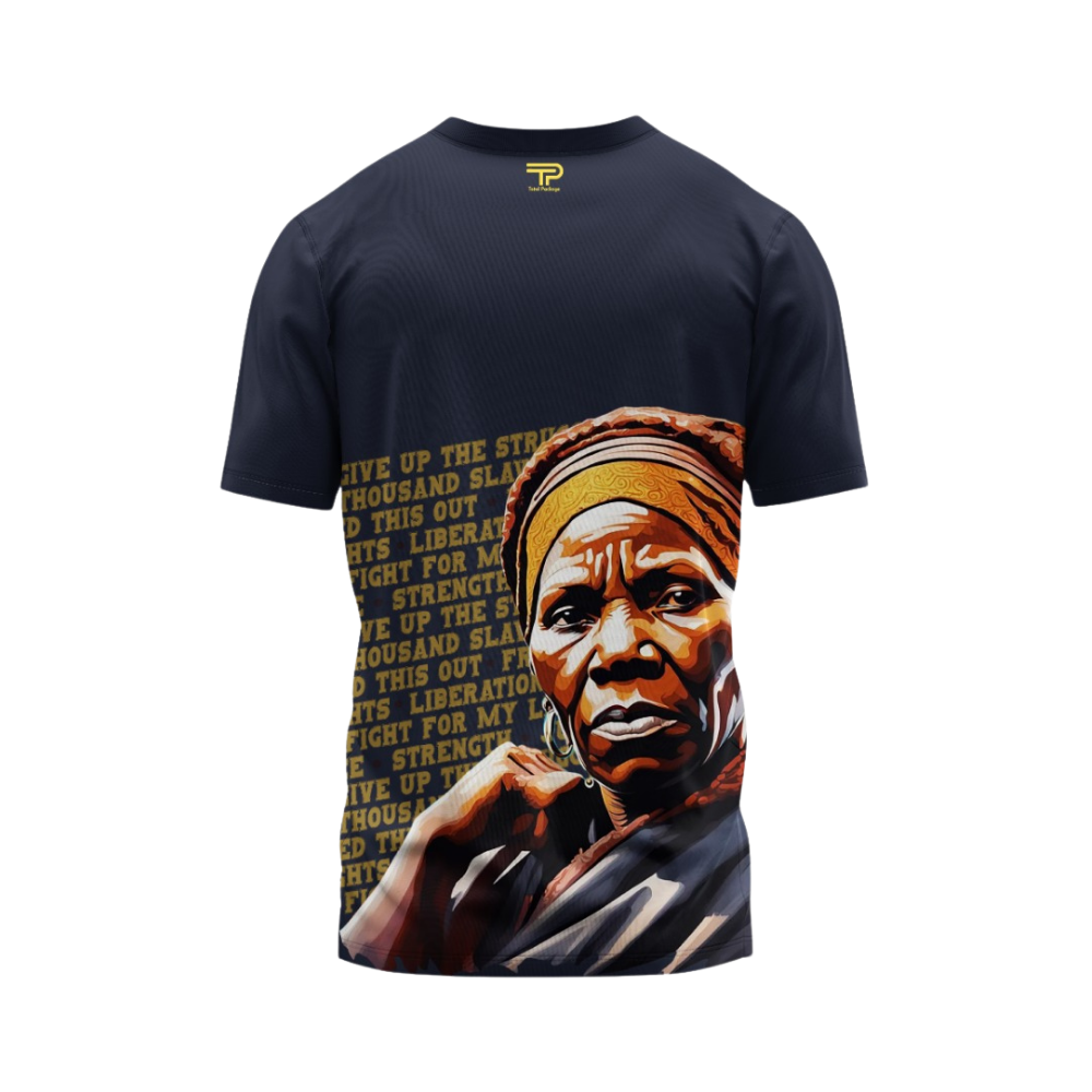 Black t-shirt with a graphic of a woman's face and text on a white background