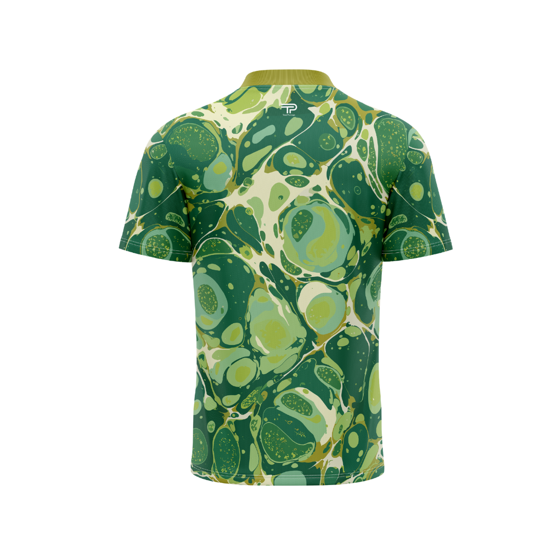 Green and white patterned shirt on a white background