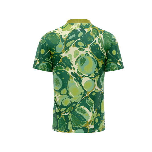 Green and white patterned shirt on a white background