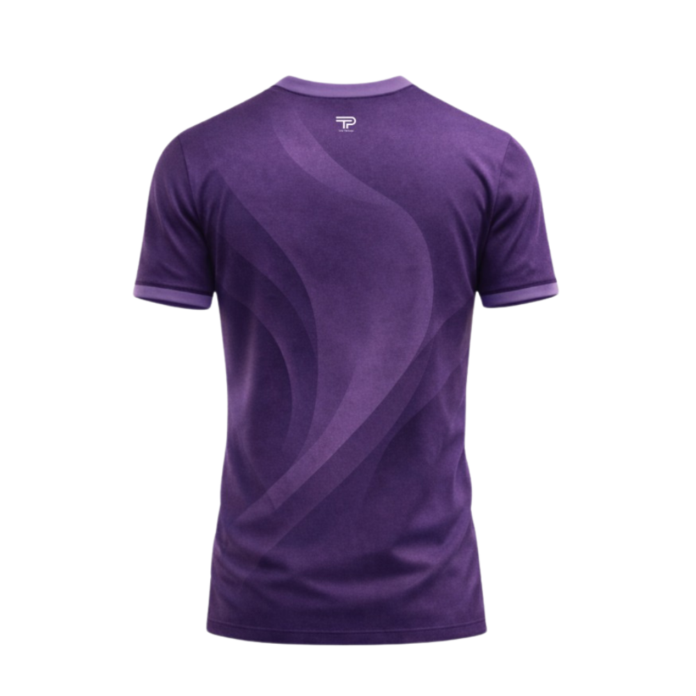 Purple t-shirt with a brand logo on a white background