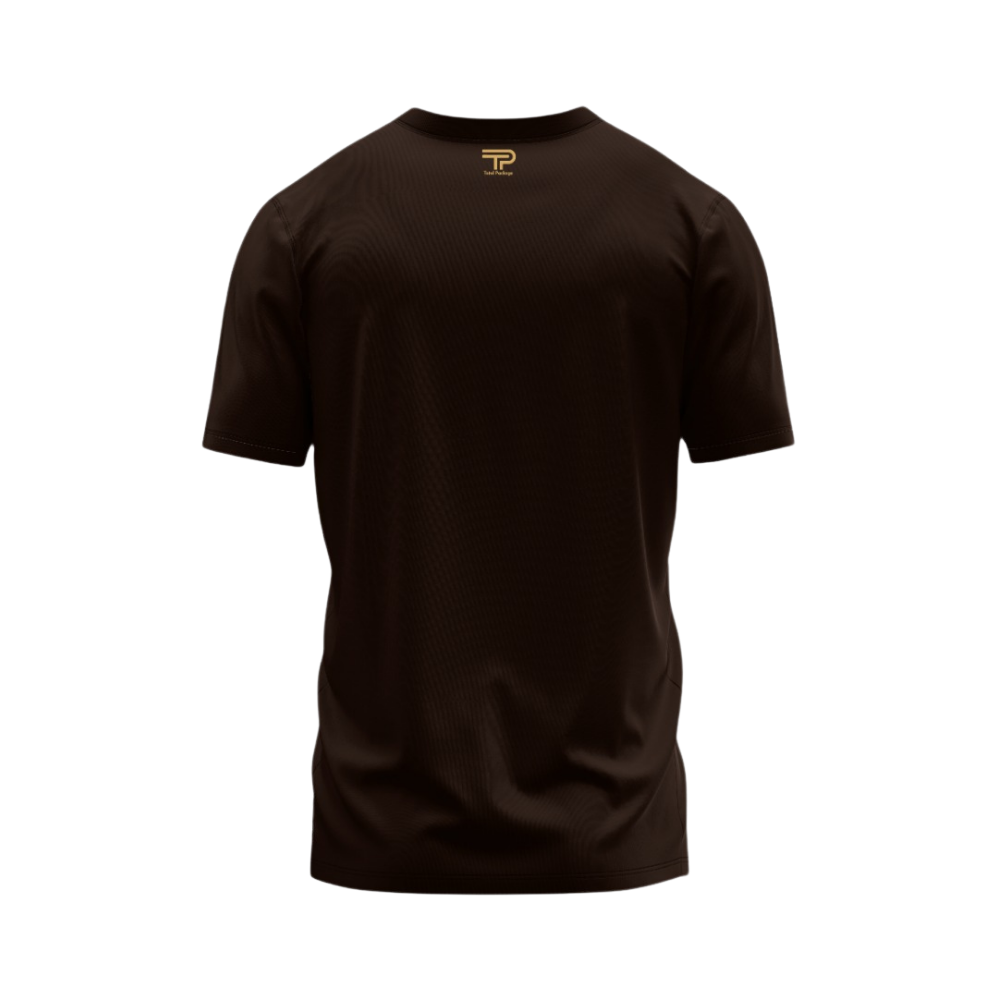 Black t-shirt with a logo on a white background