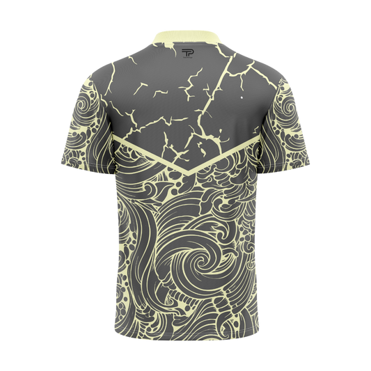 Gray and yellow patterned shirt on a white background