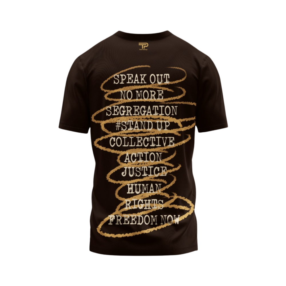 Black t-shirt with gold text on a white background