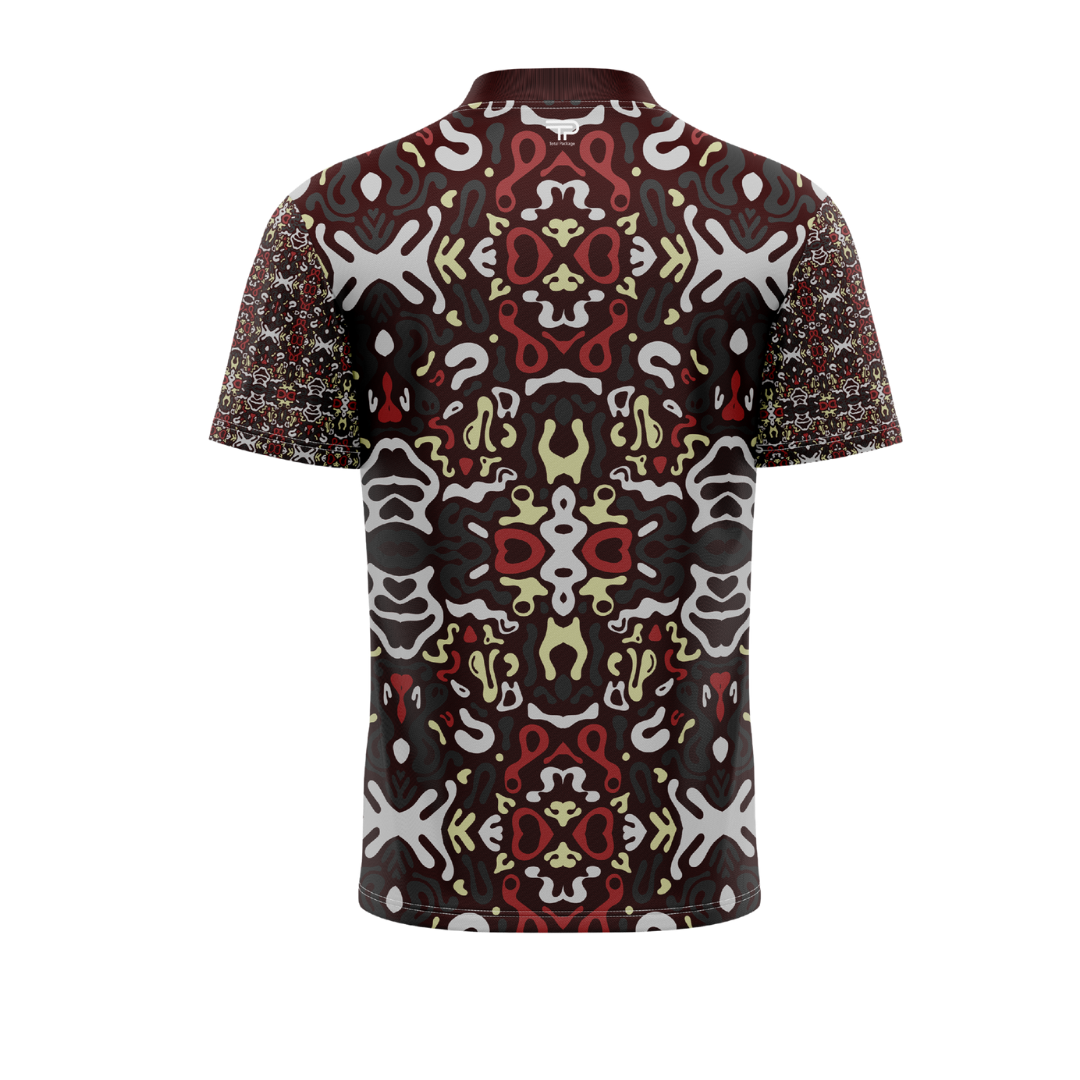 Short-sleeve shirt with a colorful geometric pattern on a white background