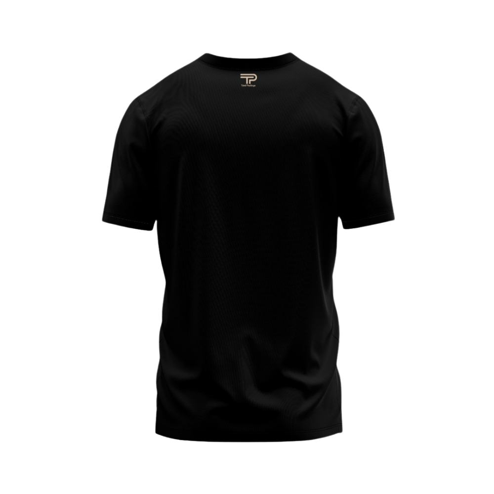 Black t-shirt with a logo on a white background