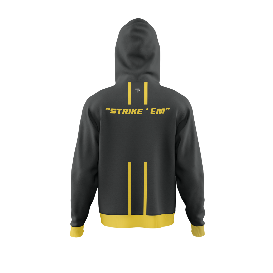 Front view of the Gridiron Flash Premium Bowling Hoodie showcasing its unique design.