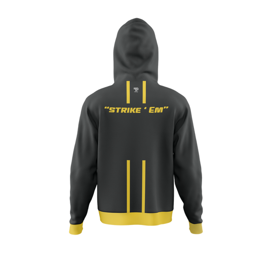 Front view of the Gridiron Flash Premium Bowling Hoodie showcasing its unique design.