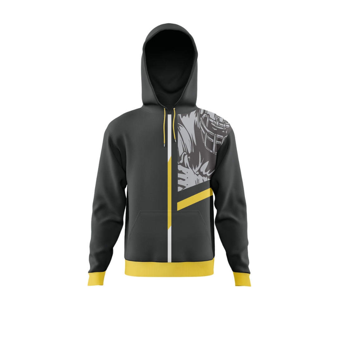 Back view of the hoodie highlighting the "Gridiron Flash" pattern.