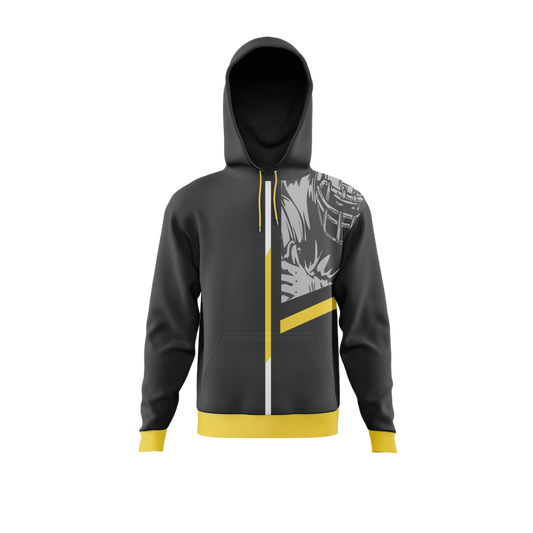 Back view of the hoodie highlighting the "Gridiron Flash" pattern.