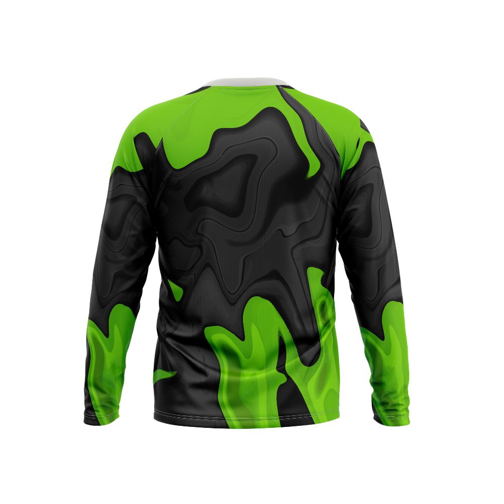 Long-sleeve shirt with black and green design on a white background