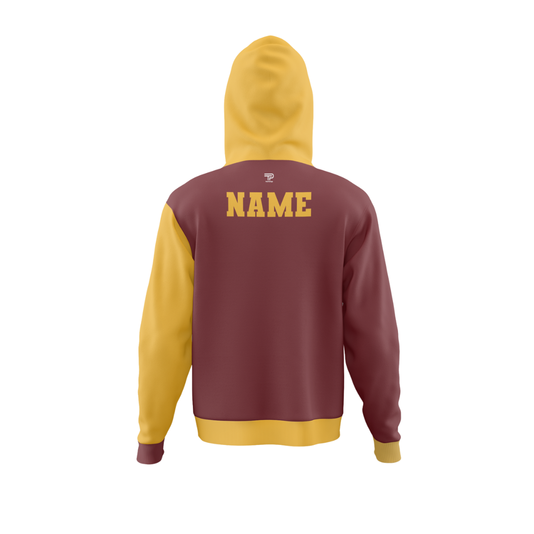 Close-up of the hoodie's front pocket and adjustable drawstring hood, highlighting its functional design.