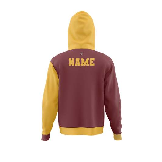 Close-up of the hoodie's front pocket and adjustable drawstring hood, highlighting its functional design.