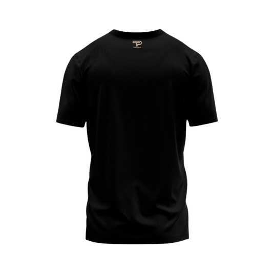 Black t-shirt with a logo on a white background