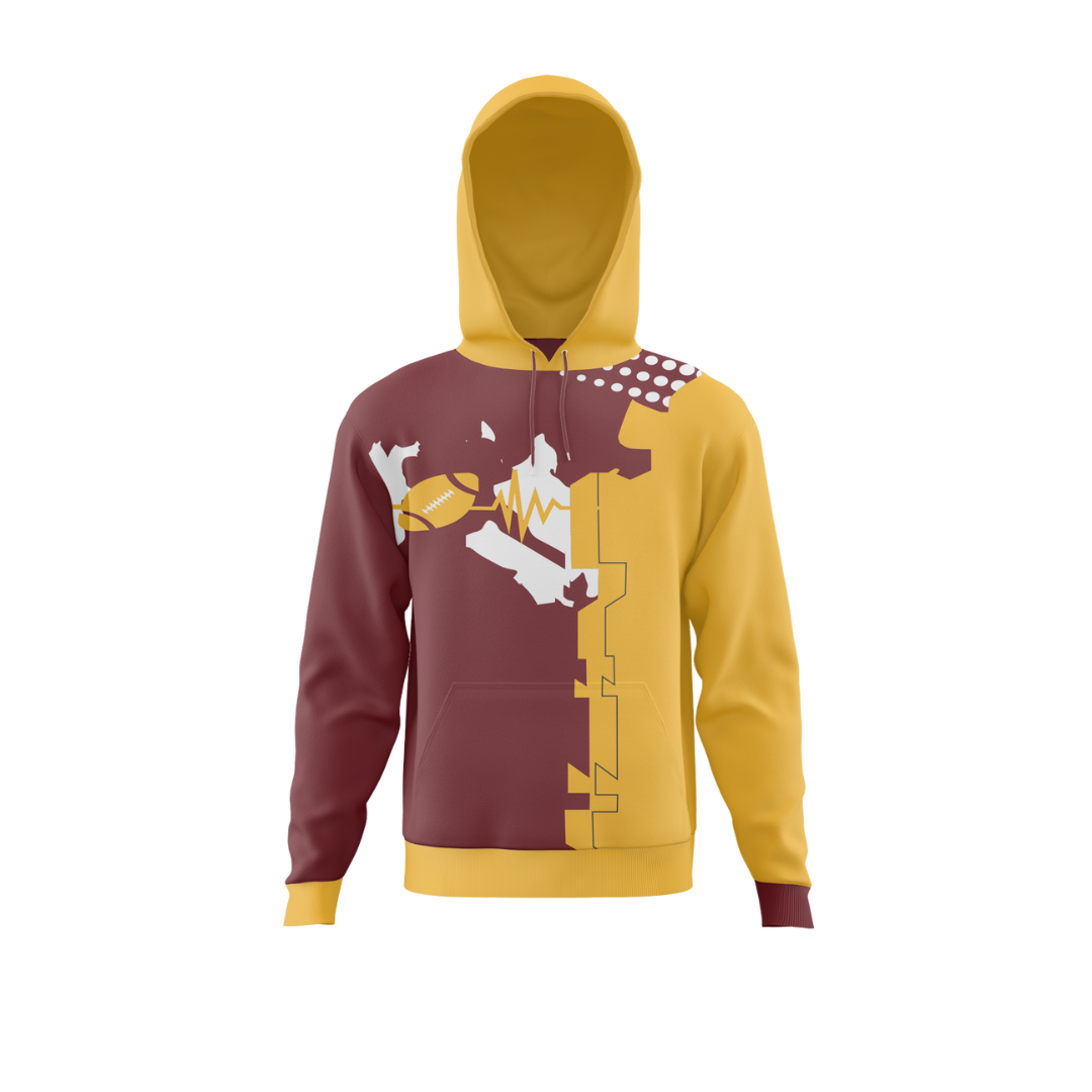 Front view of the Maroon Blaze 1 Premium Bowling Hoodie showcasing its unique blaze pattern and maroon color.