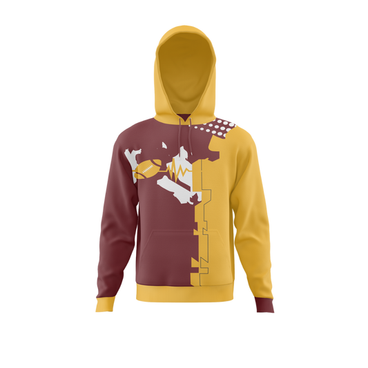 Front view of the Maroon Blaze 1 Premium Bowling Hoodie showcasing its unique blaze pattern and maroon color.