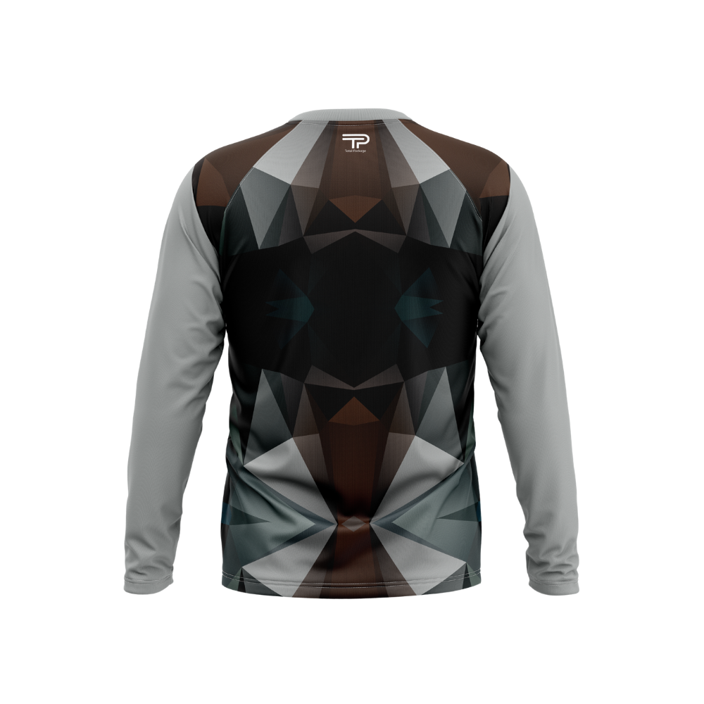 Long-sleeve shirt with geometric pattern on a white background