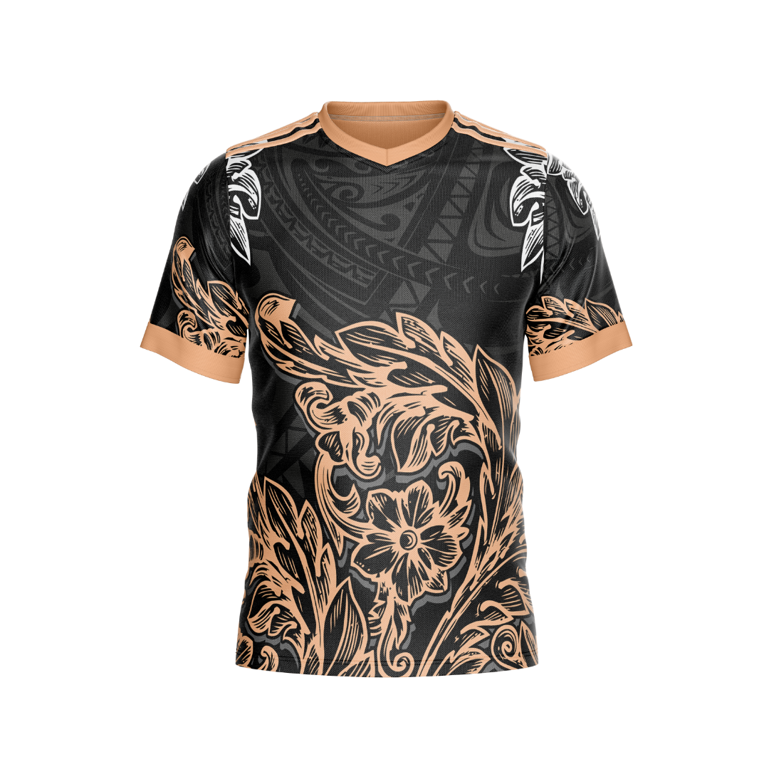 Front view of Gold Polynesian Premium Jersey showcasing bold, vibrant design.