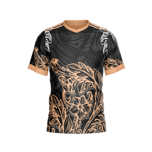 Front view of Gold Polynesian Premium Jersey showcasing bold, vibrant design.