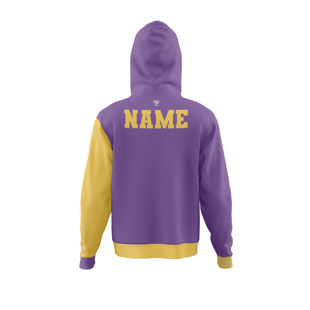 Front view of the Purple Strike Bowling Hoodie showcasing its vibrant design.