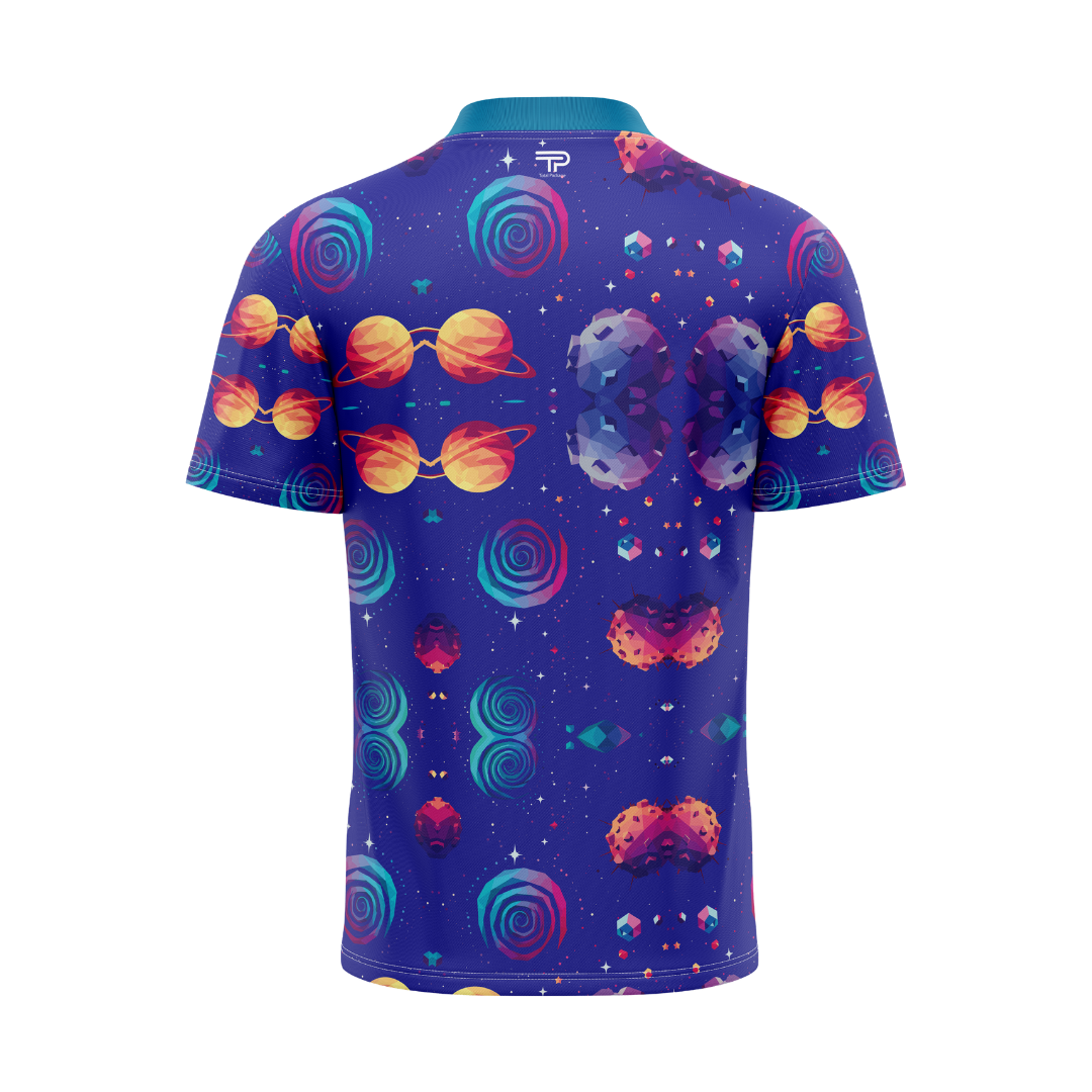 Colorful space-themed polo shirt with planets and stars on a blue background