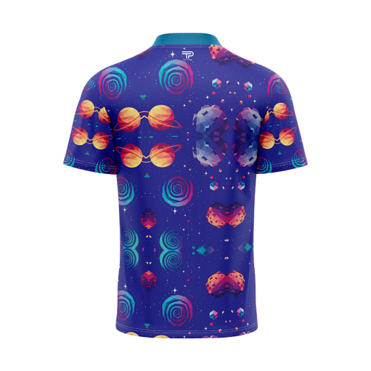Colorful space-themed polo shirt with planets and stars on a blue background