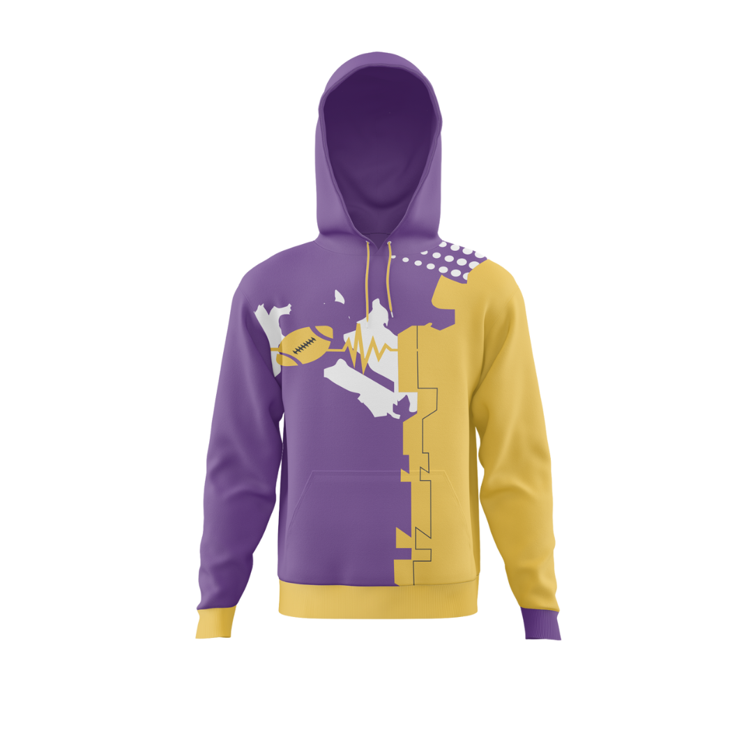 Close-up of the Purple Strike Bowling Hoodie's ergonomic features and front pocket.