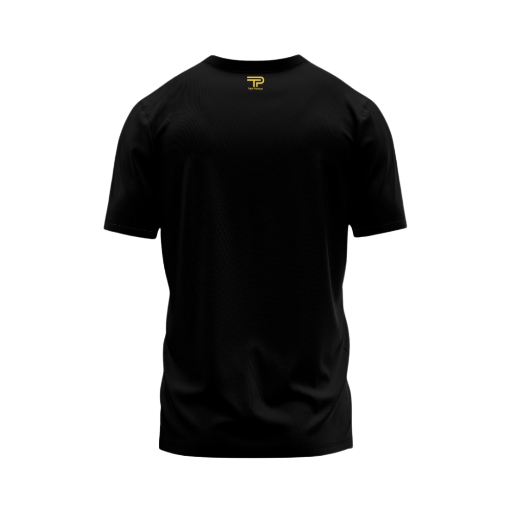 Black t-shirt with a logo on a white background