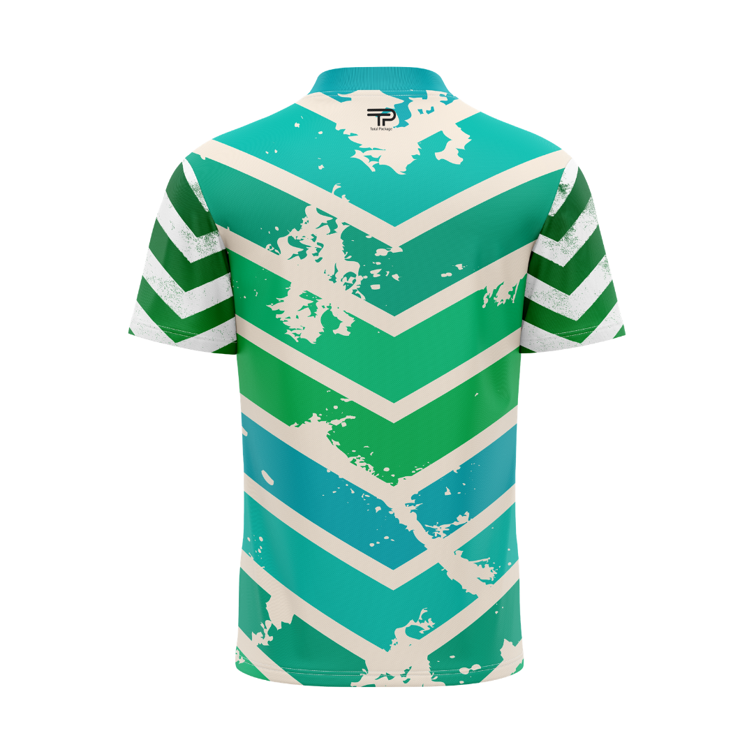 Green and white striped polo shirt with abstract design on a white background