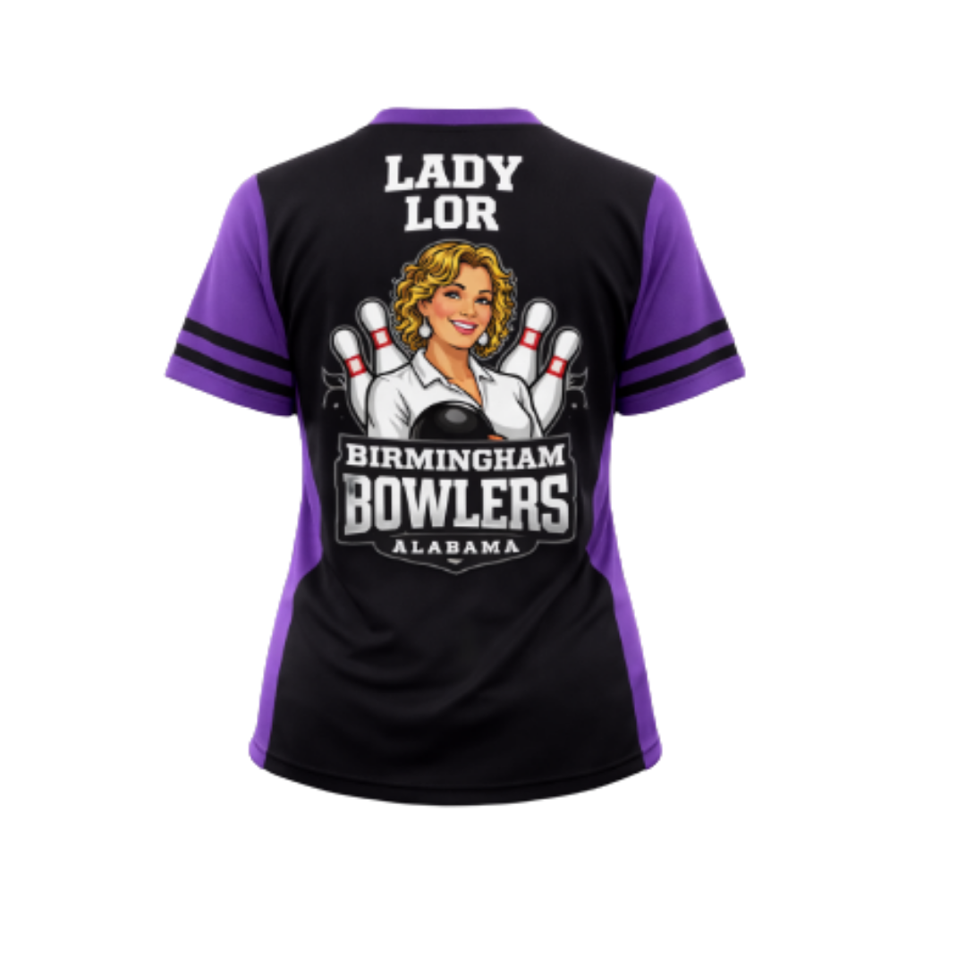 Bowling jersey with 'Lady Lor Birmingham Bowlers Alabama' design on a white background