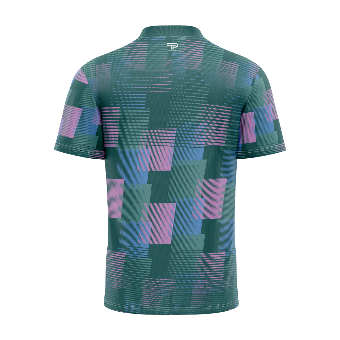 Green and purple checkered polo shirt on a white background