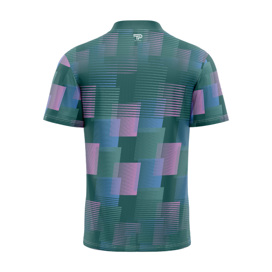 Green and purple checkered polo shirt on a white background