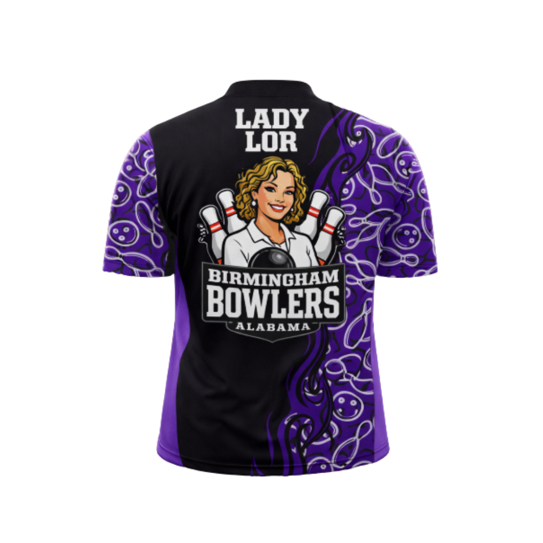 Bowling jersey with 'Lady Lor' and 'Birmingham Bowlers Alabama' text on a white background