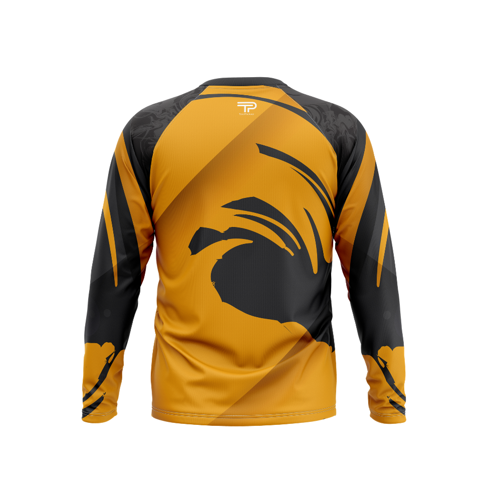 Yellow and black long-sleeve shirt with a logo on a white background