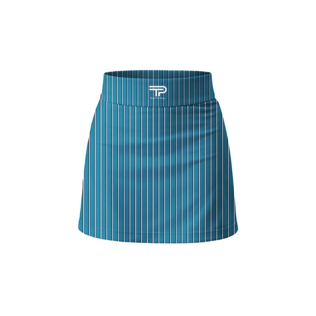 Blue striped skirt with a brand logo on a white background