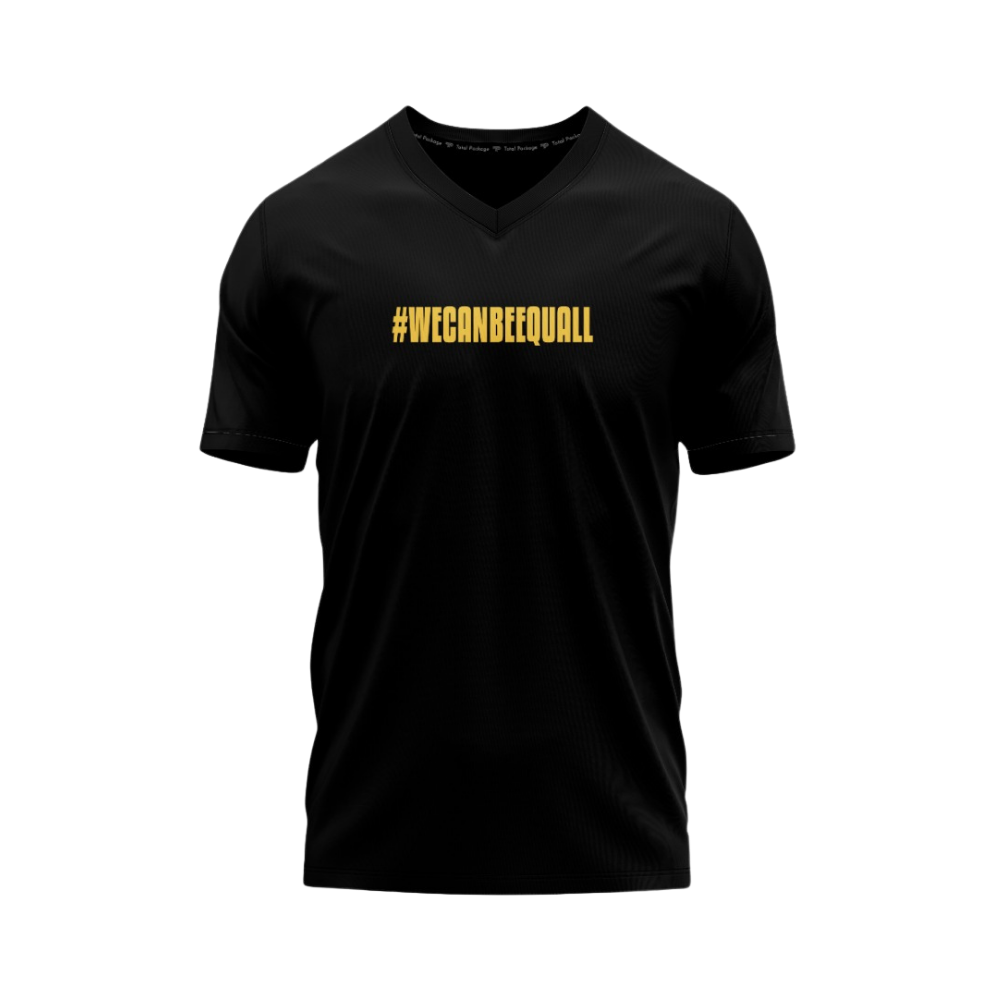 Black V-neck t-shirt with yellow '#WECANBEEQUELL' text on a white background