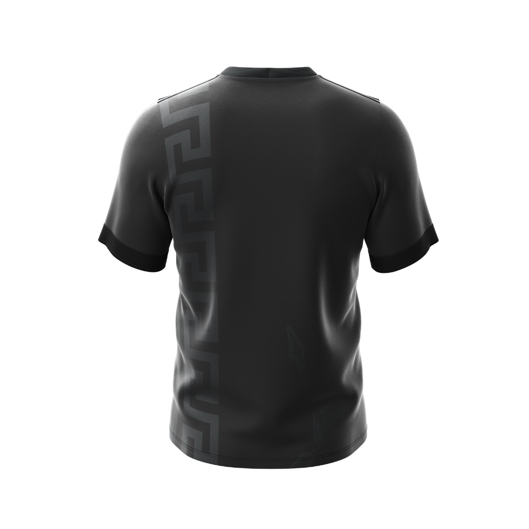 Close-up of Black Spartan Premium Jersey, highlighting its breathable fabric and stylish look.