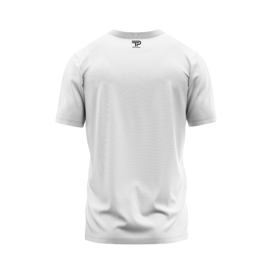 White t-shirt with a logo on a white background