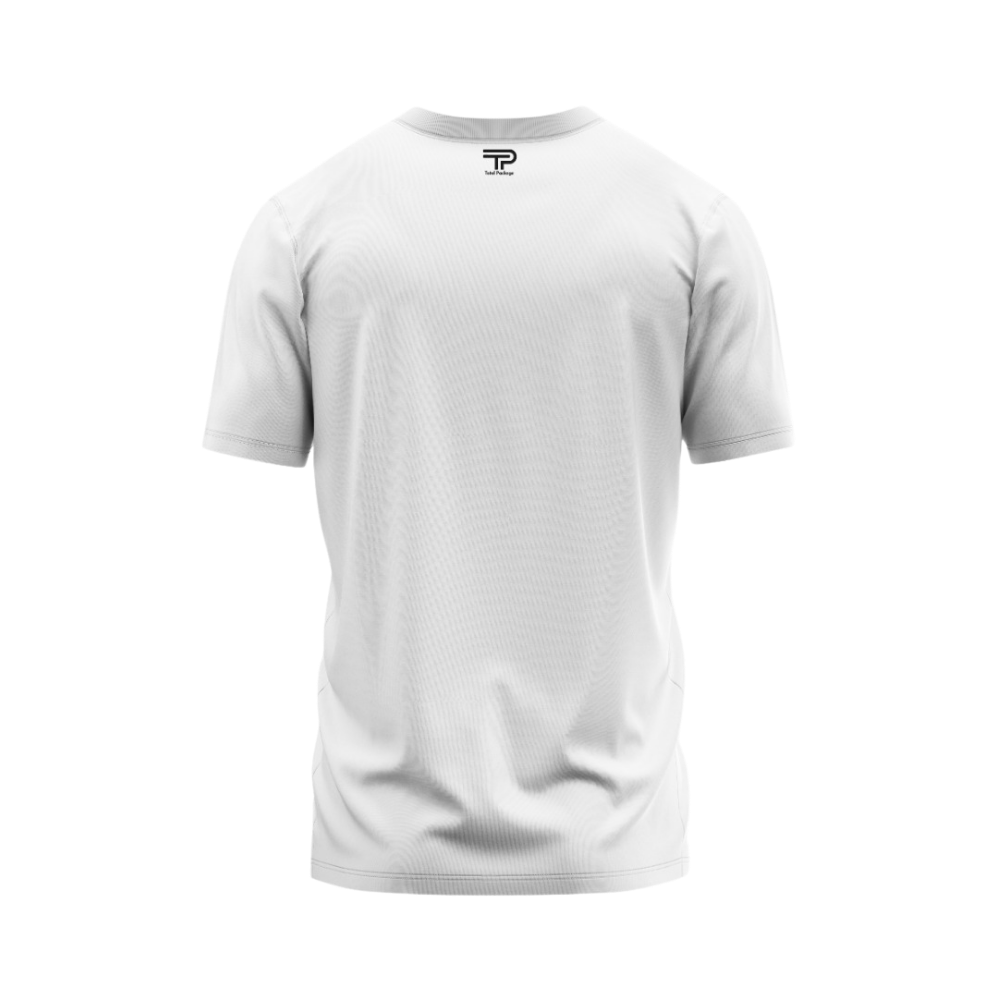 White t-shirt with a logo on a white background
