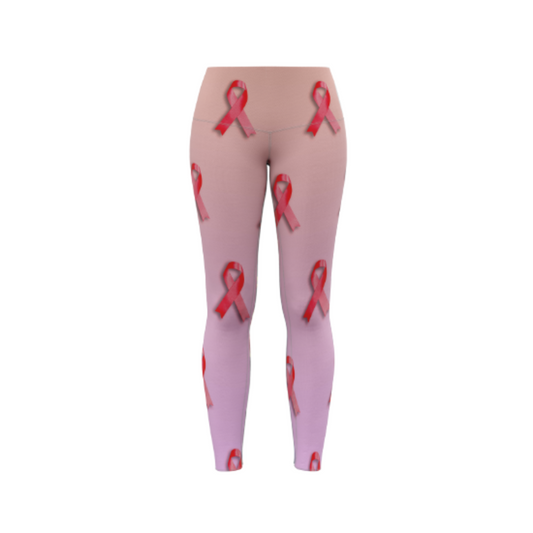 A pair of pink leggings with red breast cancer awareness ribbons printed across the legs.