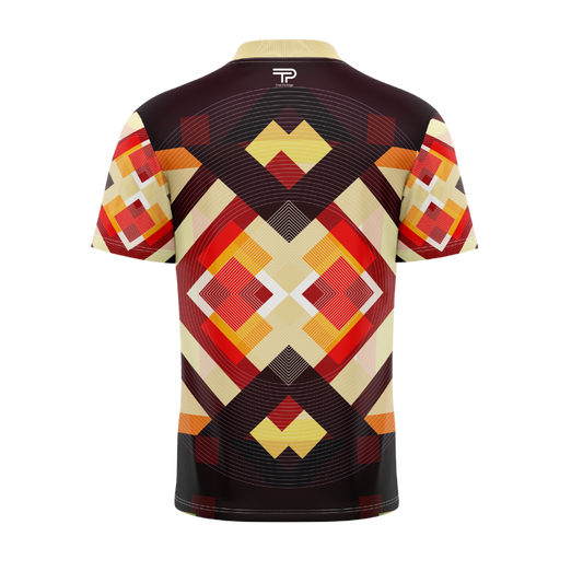 Colorful geometric patterned shirt on a white background