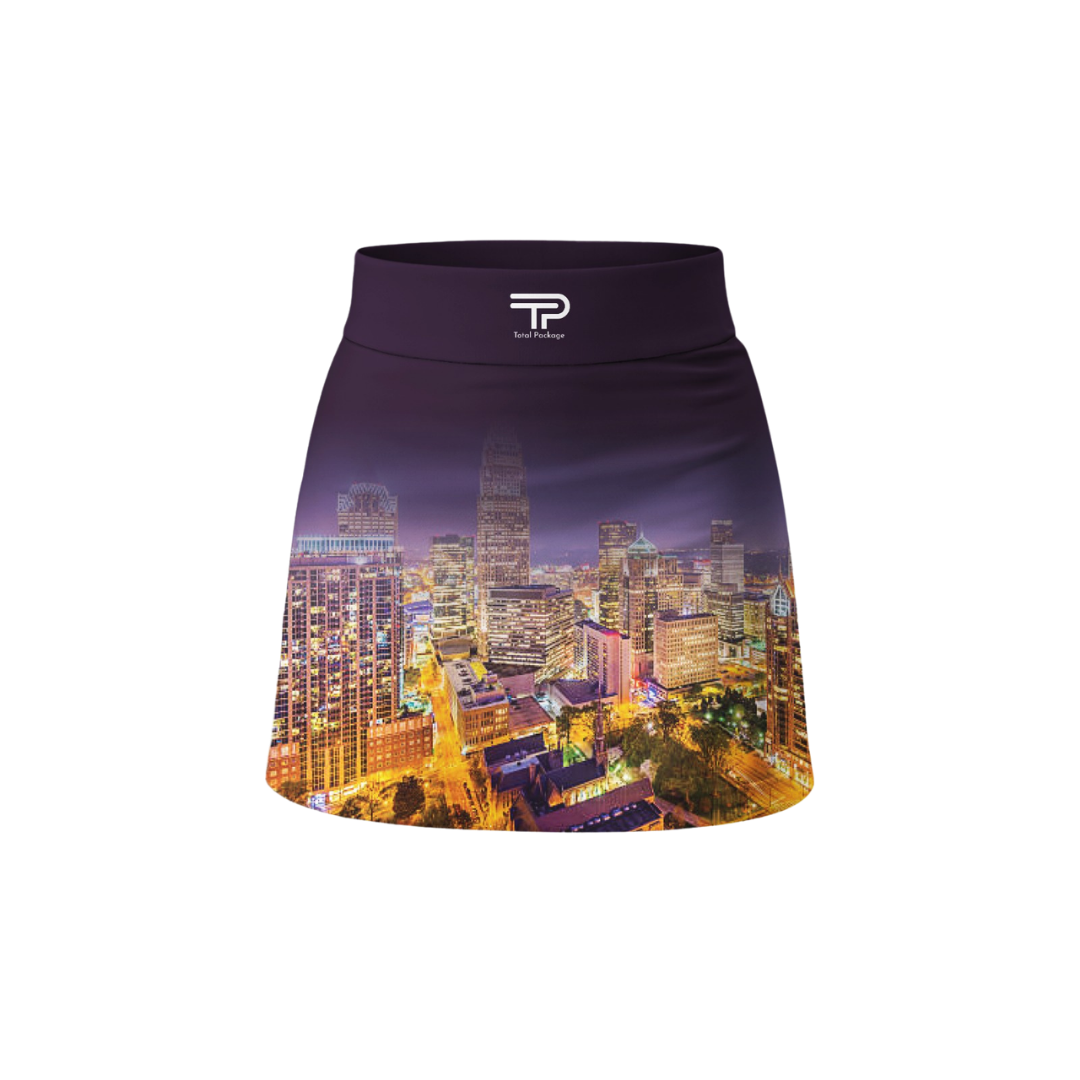 Skirt with cityscape design and brand logo on a white background