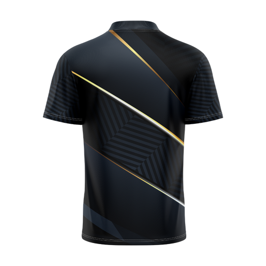 Black sports jersey with gold and white accents on a white background