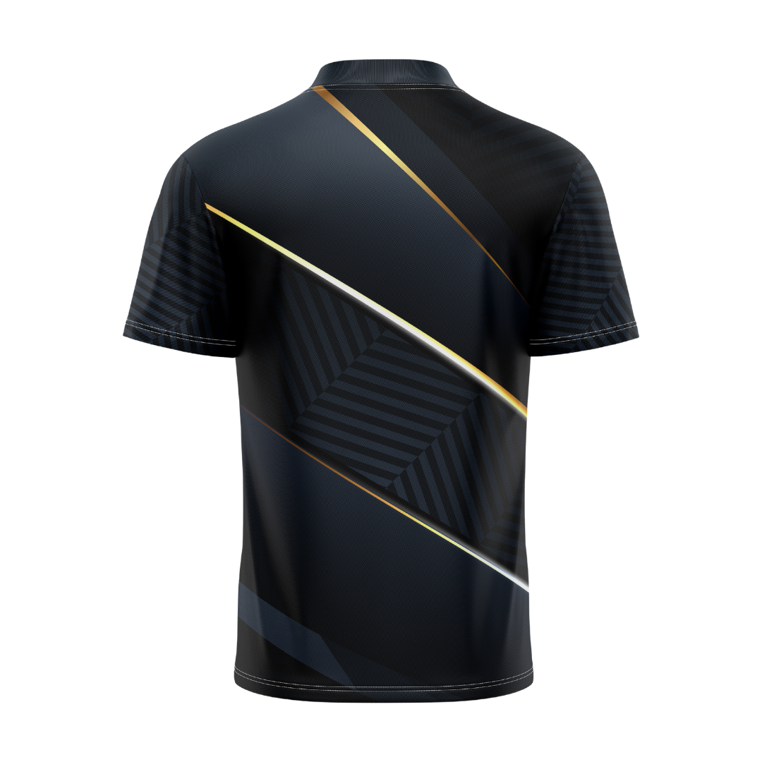 Black sports jersey with gold and white accents on a white background