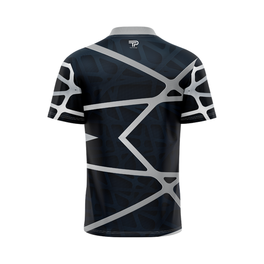 Black and gray geometric patterned shirt on a white background