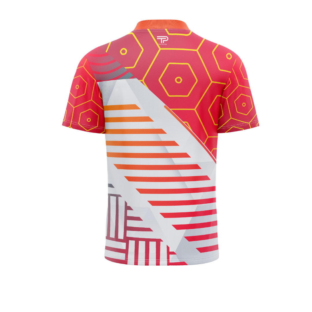 Colorful geometric patterned shirt on a white background