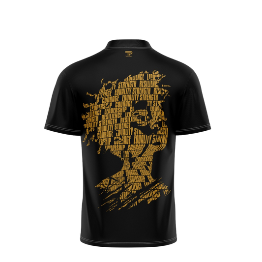 Black t-shirt with yellow graphic design on a white background