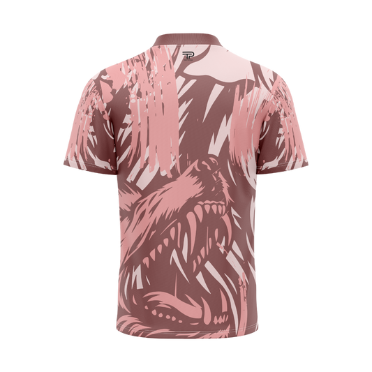 Pink and brown patterned polo shirt on a white background