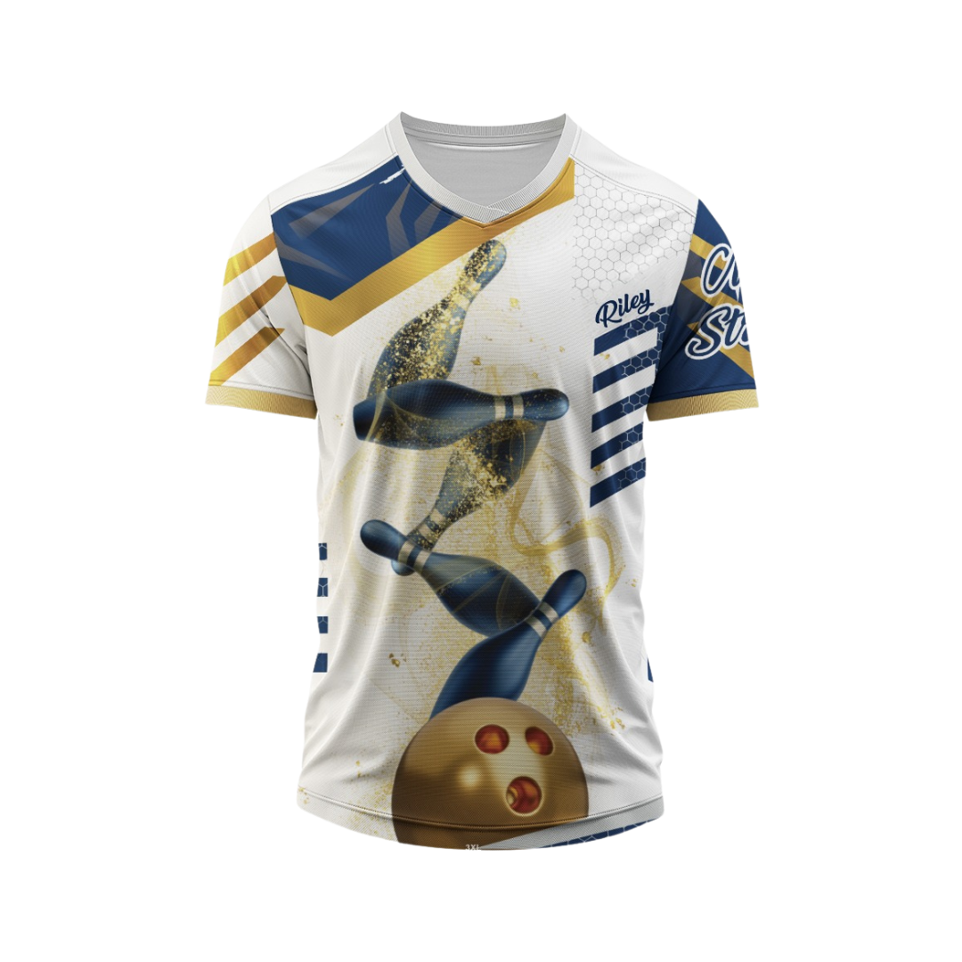 A sports jersey with a geometric striped design featuring gold, white, and navy colors, and graphics related to bowling.