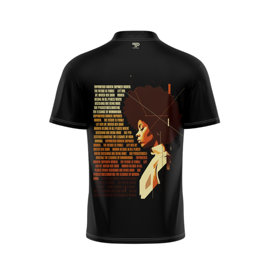 Black t-shirt with a graphic design of a woman's face and text on the back, on a white background.
